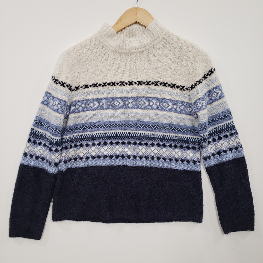 Croft & Barrow Womens Fair Isle Mock Neck Sweater Blue White Soft‎ Knit Small